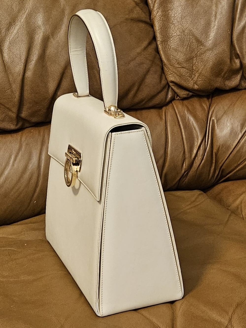 Salvatore Ferragamo Cream Leather Top-Handle Satchel with Gold Hardware - Picture 5 of 16